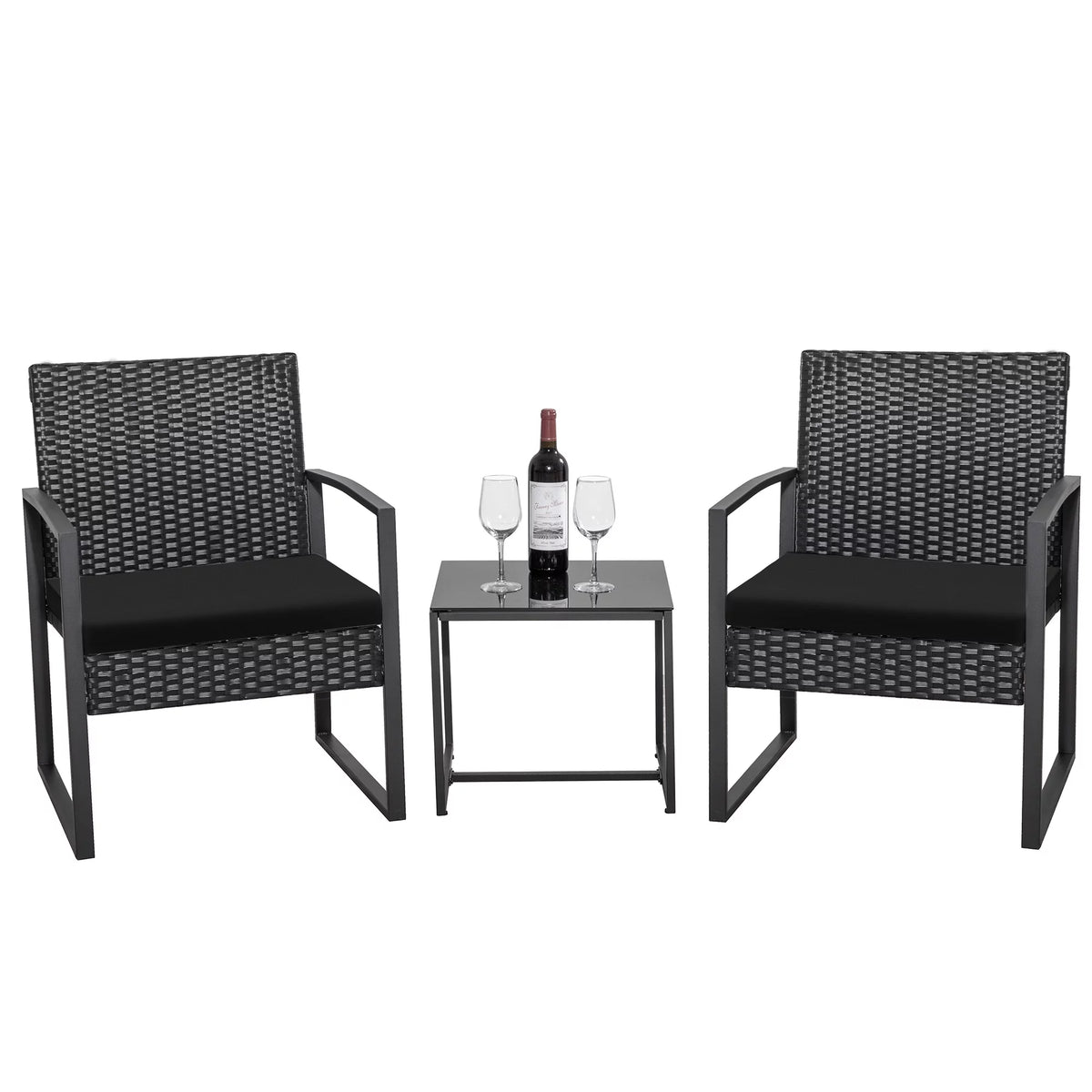 Black 3-Piece Wicker Bistro Chair Set with Coffee Table K806