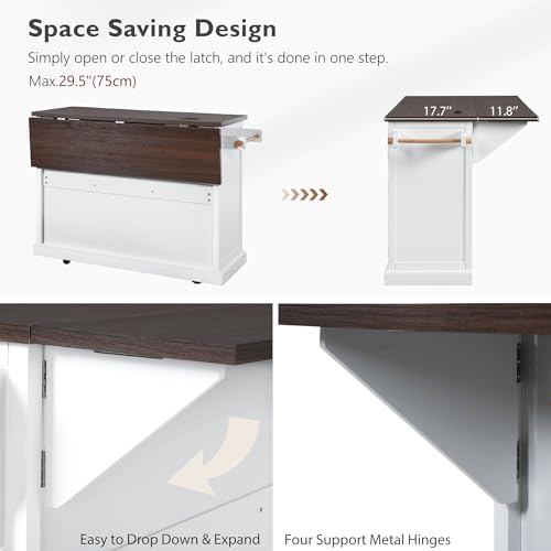 Black Drop Leaf Kitchen Island with Power Outlet Rolling Storage Cart X99813