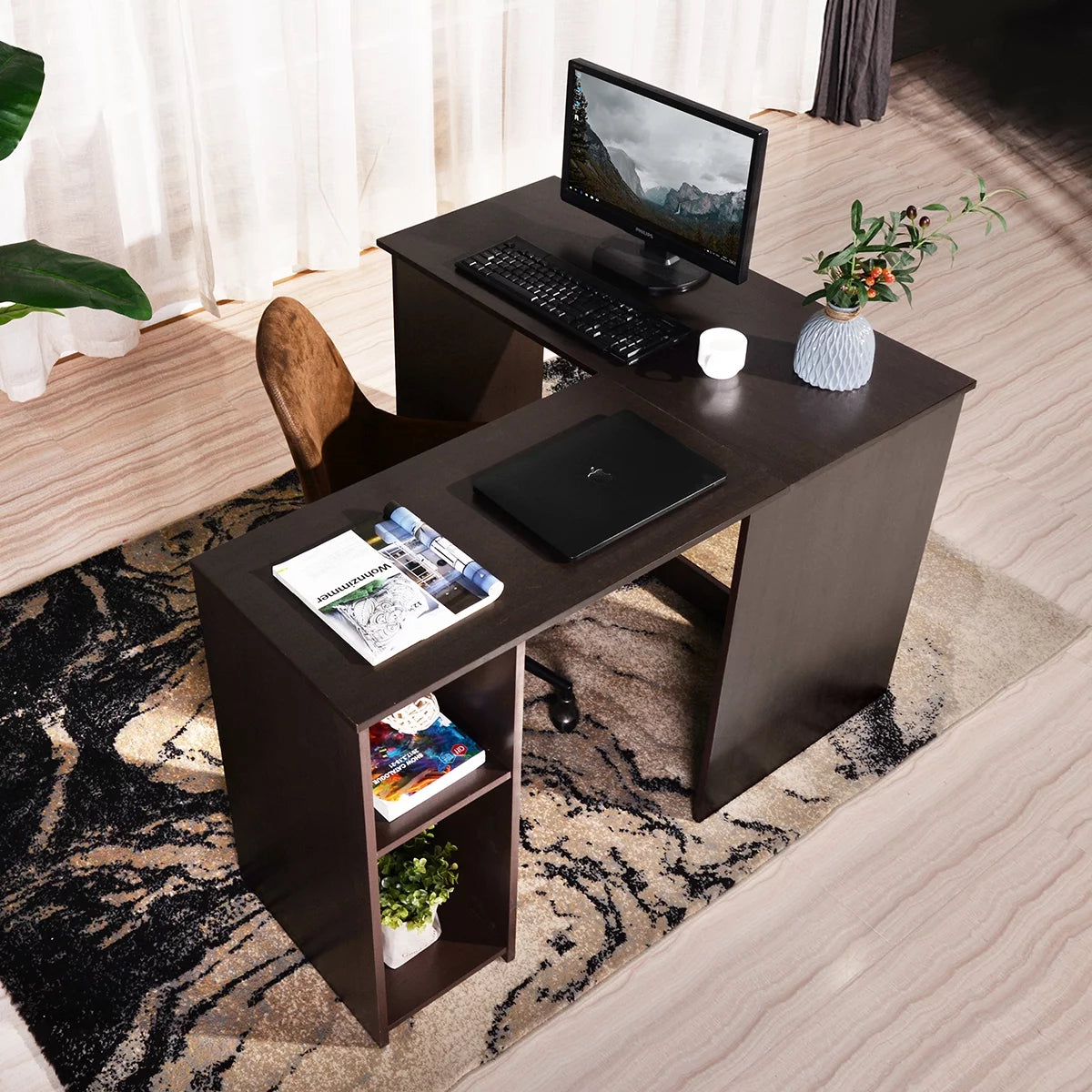 Brown L-Shaped Corner Desk with 2 Shelves C1292